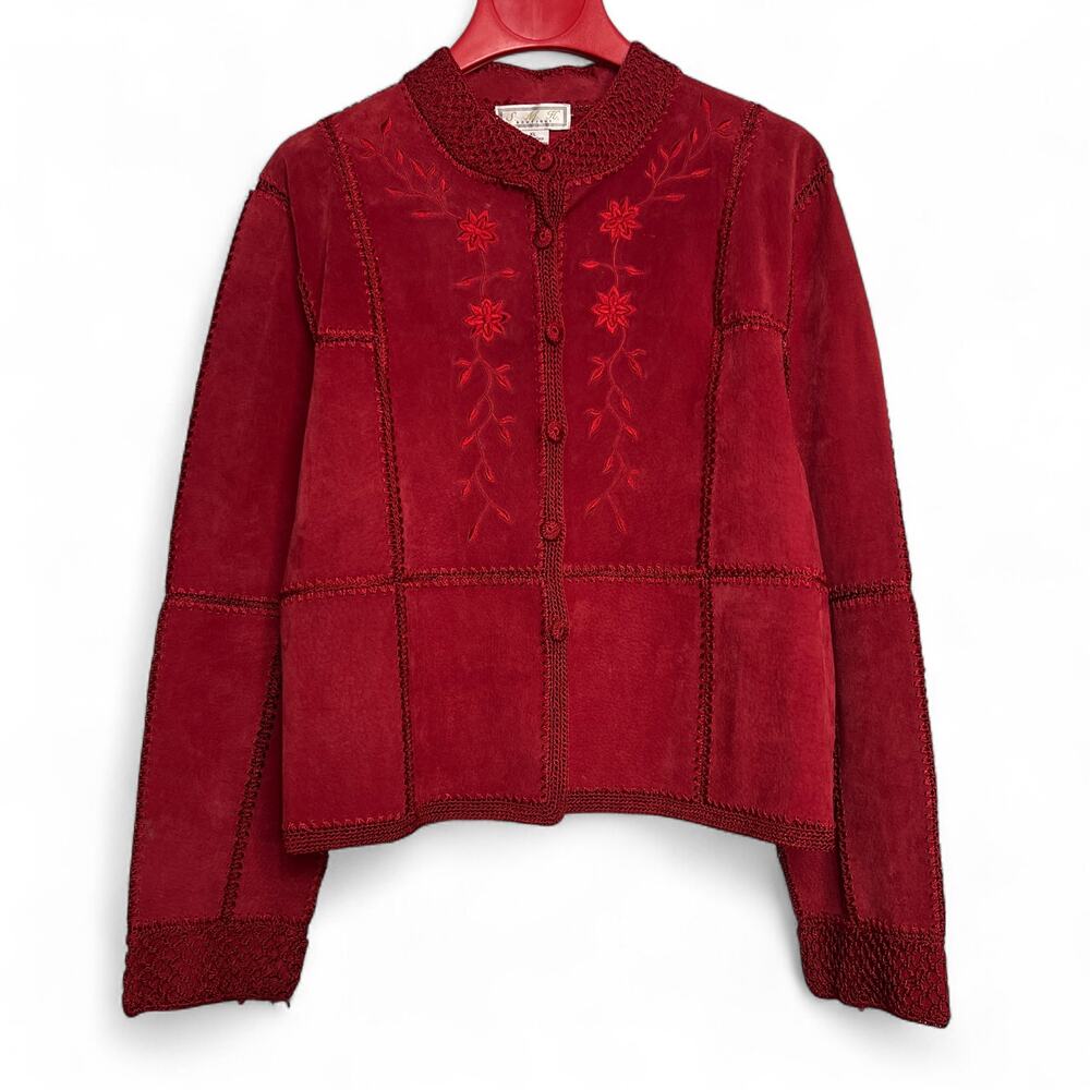 Vintage Red Suede Crochet Patchwork Coat Jacket Size XL Floral Embroidery